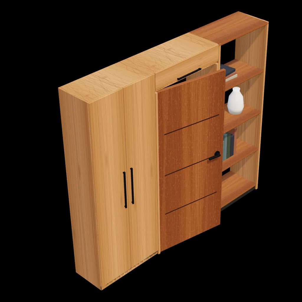 Schrankwand aus Holz mit eingebauter Zimmertür und offenem Regal daneben