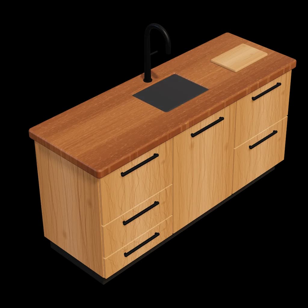 Küchenzeile aus Holz mit Spüle, Arbeitsplatte und Schubladen