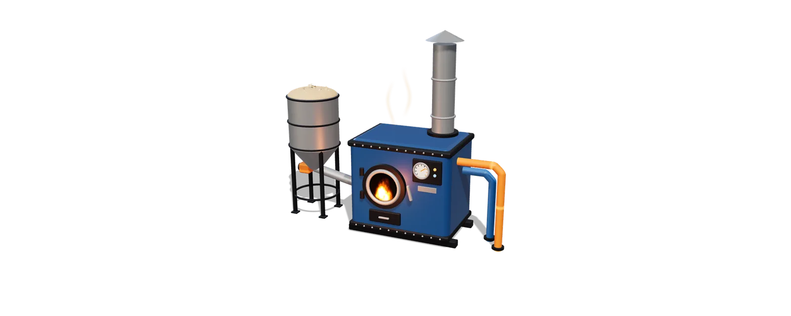 Animation: Ein Heizkessel mit Spänesilo heizt die Werkstatt mit Holzresten