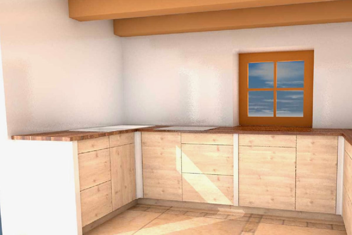 CAD-Zeichnung der Küche in 3D: die L-förmige Zeile mit Holzfronten, Arbeitsplatte und Fenster, wie sie geplant wurde